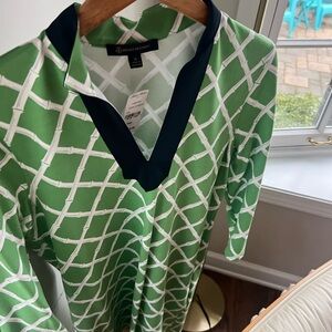 NWT 💚Brooks Brothers Green Print Tunic Dress Navy Trim Shift Dress Medium